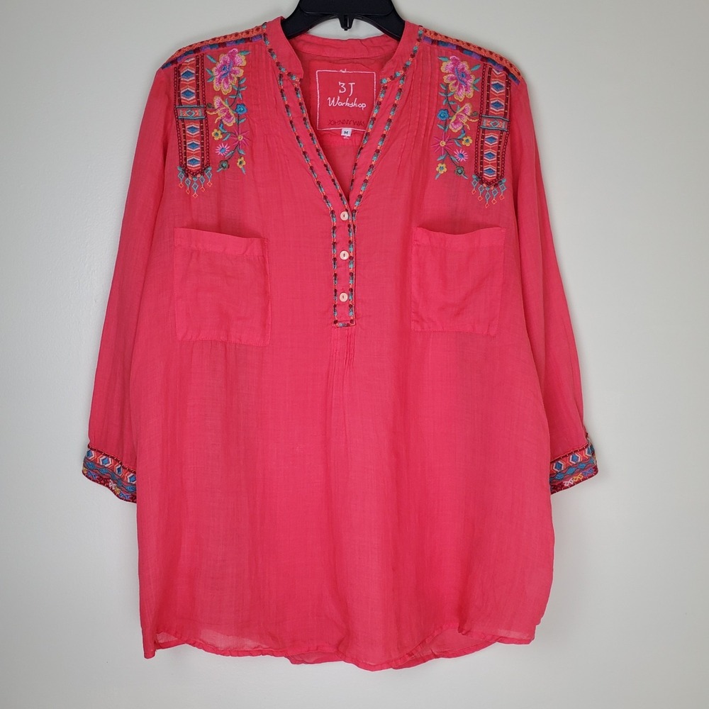 Johnny Was 3J Workshop Embroidered Floral Tunic Blouse Top Medium Aztec Tropical